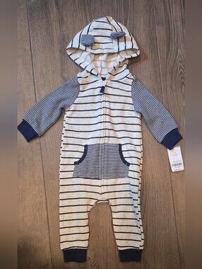 NWT CUTE Carter's Striped Bear Ears Hooded Coverall Zip Navy & OffWhite 9 Months